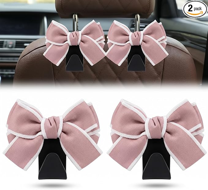 2 Pack Cute Bow Car Seat Headrest Hooks, Purse Hook for Car, Car Purse Hanger for Bags, Backseat Storage Organizer, Universal Vehicle Hooks for Women, Sedan SUV Truck, Pink