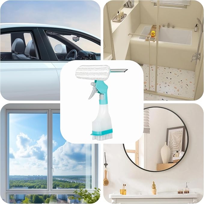 4 in 1 Window Cleaner Tool with Squeegee & Sprayer, 10" Streak-Free Scraper Kit with Microfiber Washer Head, Portable Multifunction Refillable Bottle for Glass/Shower/Car