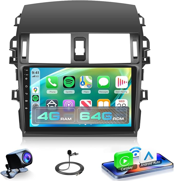 4Core 4G+64G Android 15 Car Radio for Toyota Corolla 2009-2013, 5G-WiFi, Car Stereo Wireless Carplay, 9'' HD Touchscreen Mirror Link GPS Navigation Bluetooth FM/RDS EQ-32 SWC Backup Camera