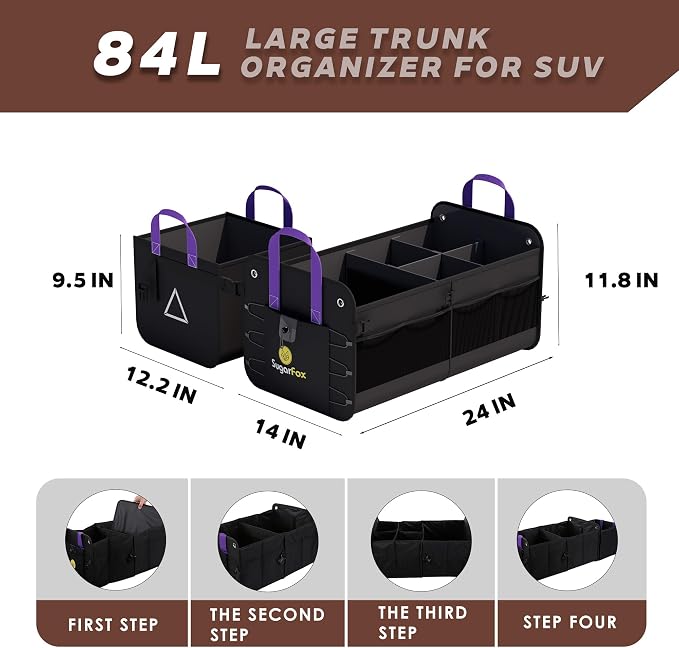 Car Trunk Organizer SUV, 84L SUV Trunk Organizer – Waterproof Foldable Modular Trunk Organizer with Mesh Pockets, Non-Slip Base, Black - M313