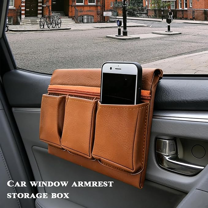 Car Window Armrest Storage Box, Leather Automotive Side Door Arm Rest Pad Organizer with Multiple Pocket, Multifunctional Vehicle Armrest Elbow Pad Storage Bag, Universal Fit (Brown)