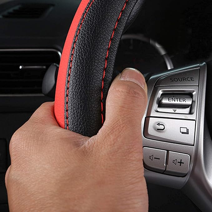 Leather Car Steering Wheel Cover, Non-Slip Car Wheel Cover Protector Breathable Microfiber Leather Universal Fit for Most Cars (Black & Red)