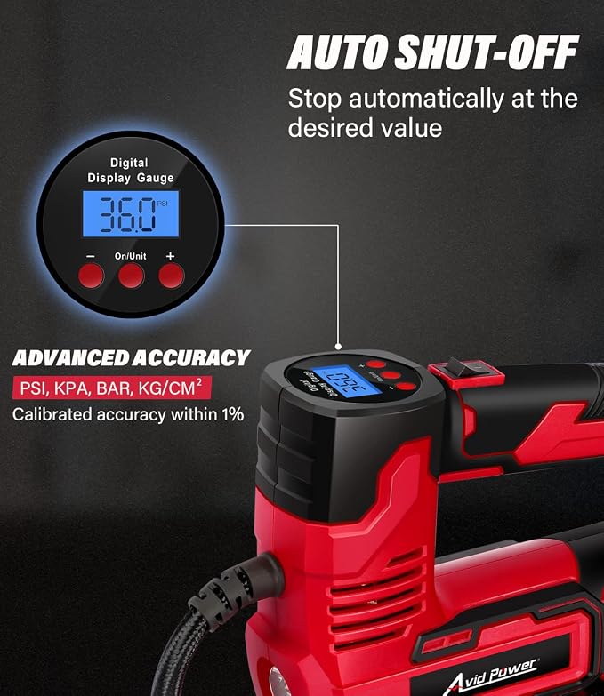 Tire Inflator Portable Air Compressor, 20V Cordless Car Pump w/Rechargeable Li-ion Battery, 12V Car Power Adapter, Digital Pressure Gauge, 150PSI Tire Compressor for Many Inflatables