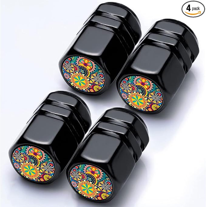 4Pack Bohemia Car Tire Valve Stem Caps Aluminum Valve Stem Covers Air Cap | Corrosion Resistant Car Valve Cap for Auto SUV Bike Motorcycle Valve Decor Mandala Car Accessories Datura Gifts
