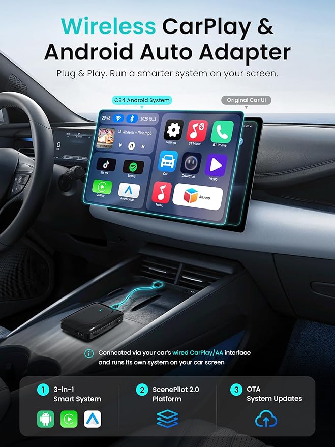 Magic AI Box Wireless CarPlay & Android Auto Adapter, Car Video Box for OEM Wired CP/AA, Dual WiFi & Bluetooth IoT Hub, Supports for Netflix/YouTube/TikTok/TF Card