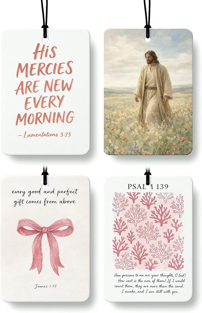 Pink Christian Jesus Air Freshener 4 Pcs, Coastal Seagrass Bow Bible Verse Religious Hanging Air Freshener for Cars Closet Drawer Books, Girly Christian Car Accessories Mirror Decor for Women