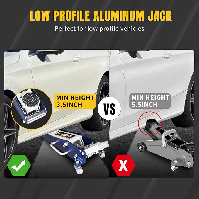 Floor Jack 1.5 Ton Hydraulic Low Profile Aluminum and Steel Car Jack Lightweight Service Jack with Quick Lift Dual Pump, 3300 lbs Capacity