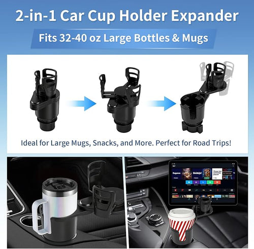 2 in 1 Car Cup Holder Expander, Adjustable Base (2.6-3.9") Dual Cup Holder Extender for Car, Universal Large Drink Holder Adapter Fits 32/40 oz Yeti, Hydro Flask, Mugs & Bottles, 360° Swivel