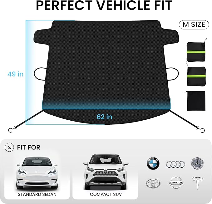 Windshield Cover for Ice and Snow [3-Second Snow Removal & 7-Layer Full Coverage] 6-Point Snowproof Fixation & Reflective Mirror Covers, Fits Sedans and Compact SUVs S (62'' x 49'')
