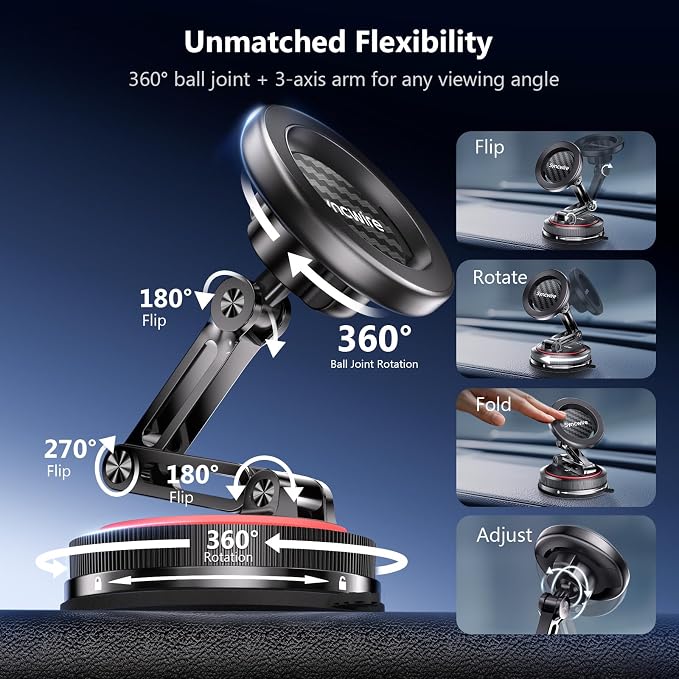 for MagSafe Car Mount [3-Axis] Nano Adhesive Gel + Strong Suction Cup Magnetic Phone Holder for Dashboard & Windshield, 360° Adjustable for iPhone 17 16 15 14 13 12, Samsung, Carbon Fiber