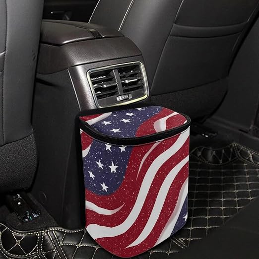 American Flag Star Print Car Trash Can with Lid, 4th of July Leak Proof Auto Trash Bag Hanging Vehicle Garbage Can Multipurpose Storage Container for Back Seat Road Trip
