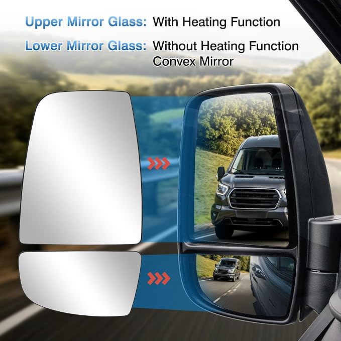 Driver Left Side Upper & Lower Rearview Convex Heated Mirror Glass Replacement With Rear Holder fit Ford Transit 150 250 350 from 2015 to 2023