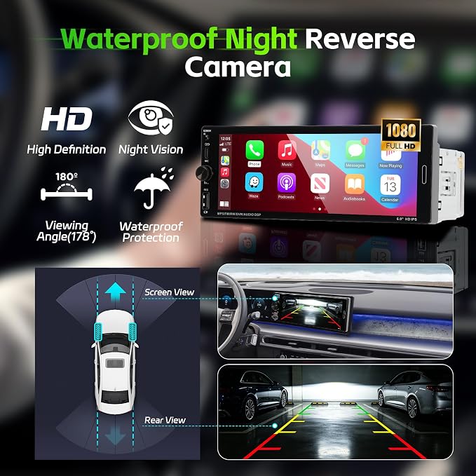 Single Din Radio Car Stereo with Wireless Carplay & Android Auto, 6.9" IPS Touchscreen Car Stereo with Bluetooth 1080P Backup Camera Mirror Link Navigation AM/FM Type-C Fast Charging USB EQ SWC Mic