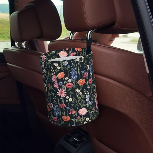 Car Trash Bag Wildflower Floral Hanging Back of Seat Car Portable Trash Bag Wildflower Floral Waterproof One-Handed Portable Strap Drawstring Garbage Bags 2 Pieces Car Coasters