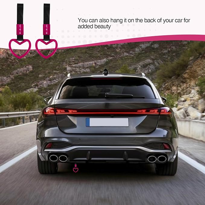 2PCS Heart Shaped Car Handle Straps, Rear Bumper Warning Keychain Ring for Car Exterior Accessories (Hot Pink)