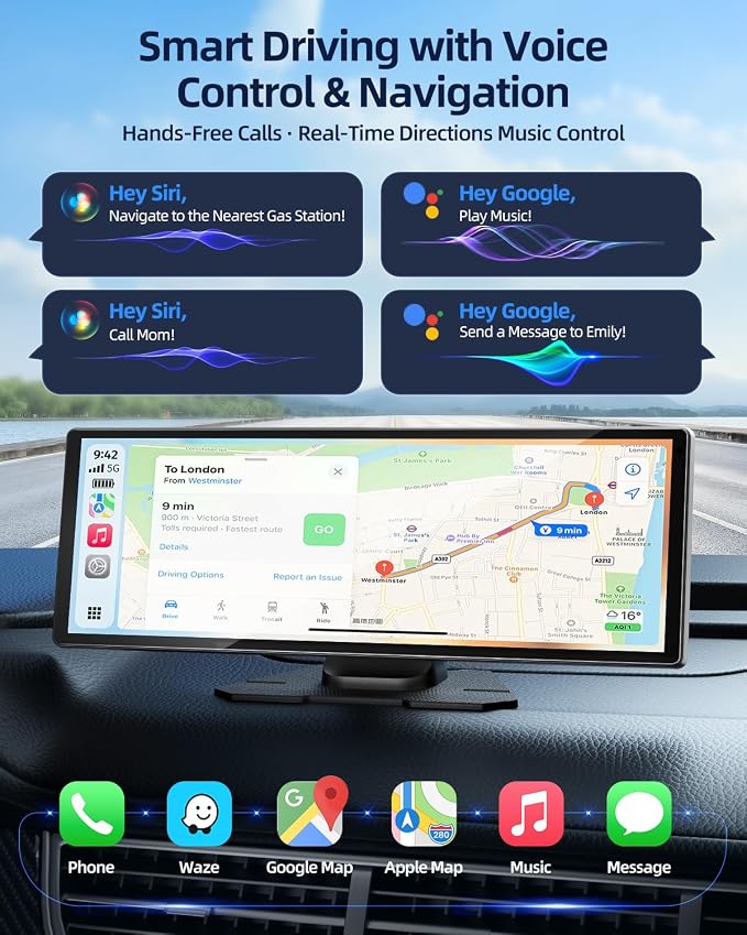 11.5" Wireless Apple CarPlay Screen for Car, Portable Car Play & Android Auto Touch Screen Car Stereo with App Control, 4K Dash Cam 1080P Backup Camera, GPS, Voice Control, Mirror Link FM All Vehicles
