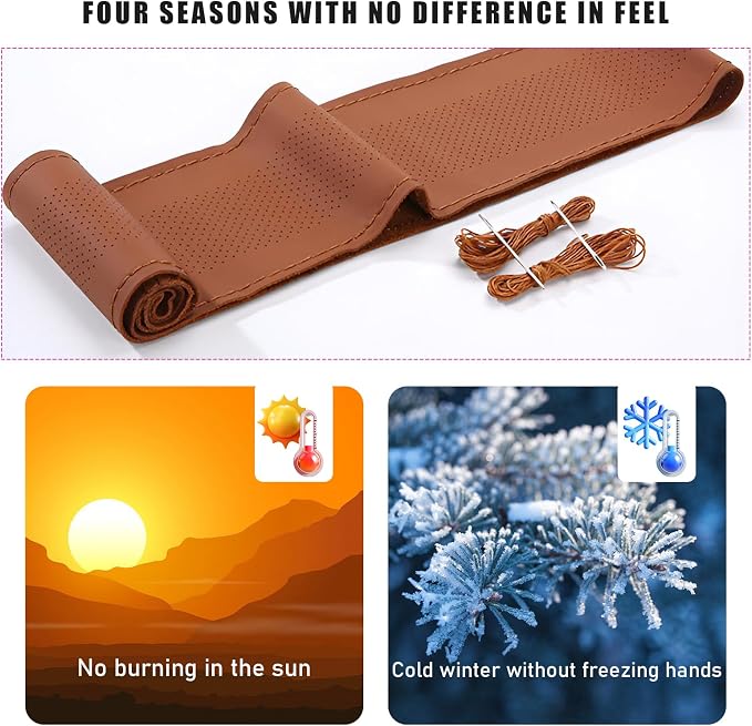 Genuine Leather Steering Wheel Cover, Stitch on Wrap, Breathable Anti-Slip Car Steering Wheel Protector for Max Diameter 15 Inch, DIY Sewing with Needles Thread (Brown, Middle Hole)