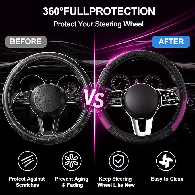 Car Steering Wheel Cover, 15 inch Carbon Fiber Microfiber Anti-Slip Breathable PU Leather Elastic Steering Wheel Protector, Car Interior Accessories for Most Cars (AD-Purple)