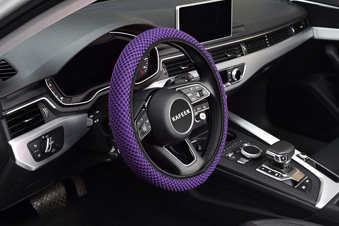 Elastic Stretch Steering Wheel Cover 15 Inch, Breathable Ice Silk Microfiber, Non-Slip Grip, Warm in Winter and Cool in Summer, Odorless, Car Accessories Fit Cars, SUVs, Purple
