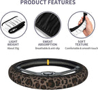 Cheetah Print Steering Wheel Cover 3Pcs Set 15" + 2 Leopard car Coasters | Anti-Slip Breathable Neoprene, Universal 15" Fit, Leopard Pattern, Car Interior Accessories, Cute for Men Women