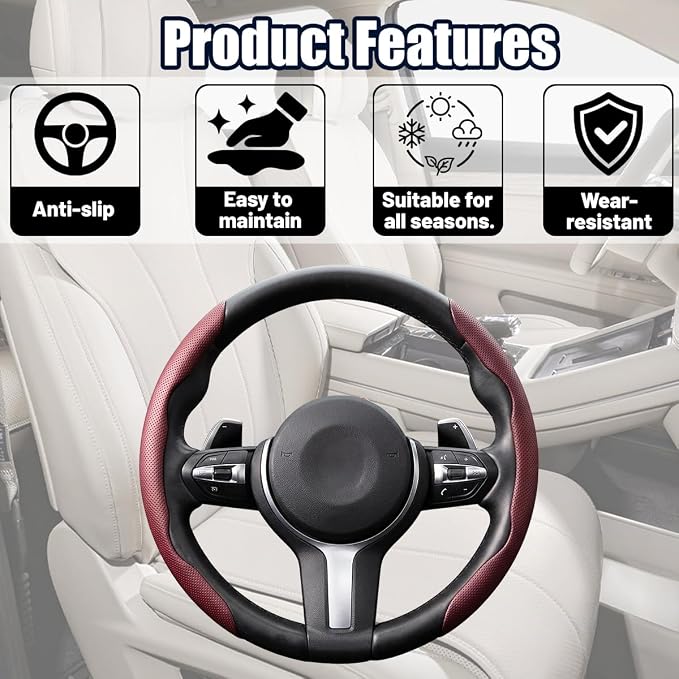 2PCS/Set Car Steering Wheel Cover, Leather Segmented Anti-Slip Automotive Wheel Protector, Soft Breathable Vehicle Steering Protection Covers, Universal Interior Accessories (Wine Red)