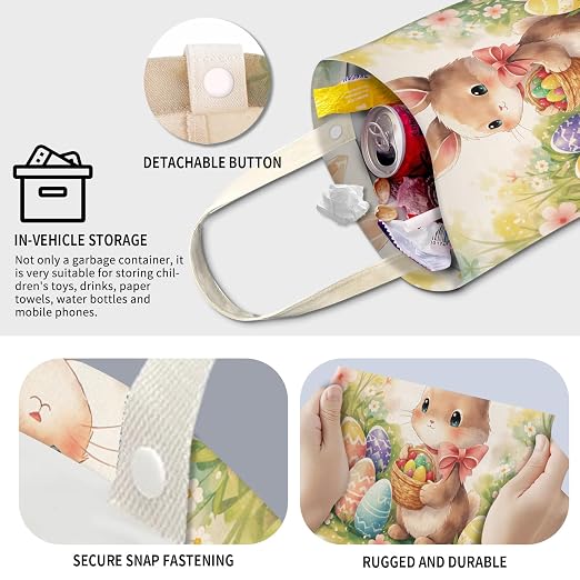 Cute Car Trash Can, Hanging Canvas Car Back Seat Organizer and Storage Bag, Funny Car Trash Bag for Travelling, Outdoor Cute Easter Bunny Pattern