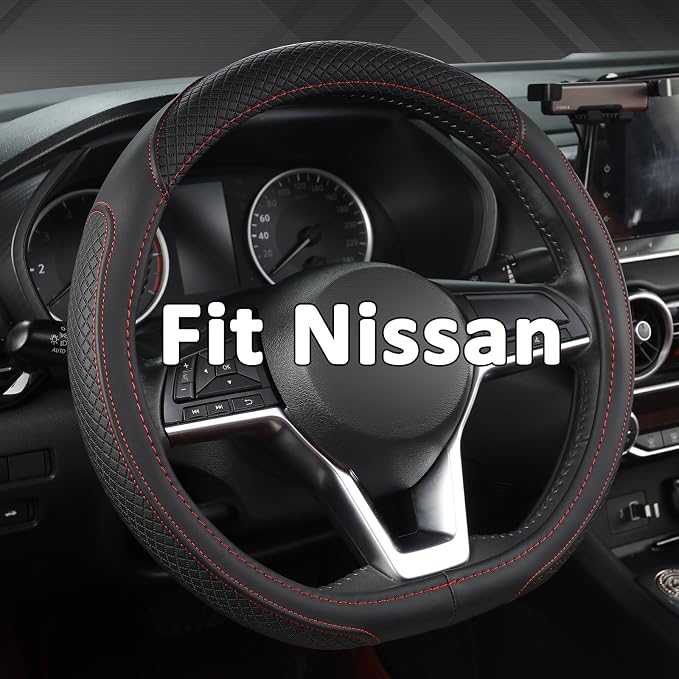 Customized Auto Car Steering Wheel Cover for Nissan,D Shaped Steering Wheel Cover for Rogue,Altima,Kicks (D-Shaped-Black+Red Line)