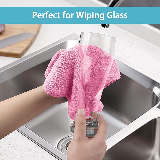 Pink Microfiber Cleaning Cloth, 50 Pack Cleaning Towels for Kitchen, Lint Free, Scratch-Free, Highly Absorbent, and Reusable Cleaning Rags for House, Window and Glass, Cars, 11.5 X11.5 inch