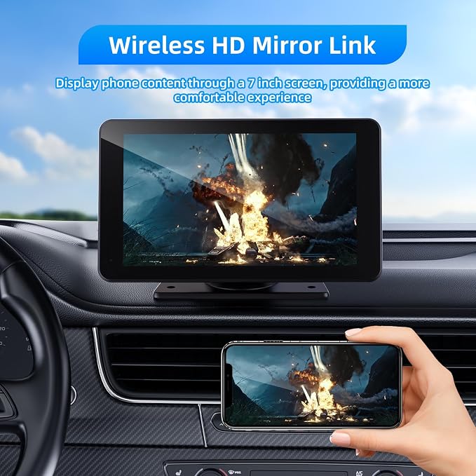 Wireless Carplay and Android Auto Screen for Car, 7" HD Portable Touch Screen Car Stereo with Bluetooth, Backup Camera, Navigation, Mirror Link for All Vehicles
