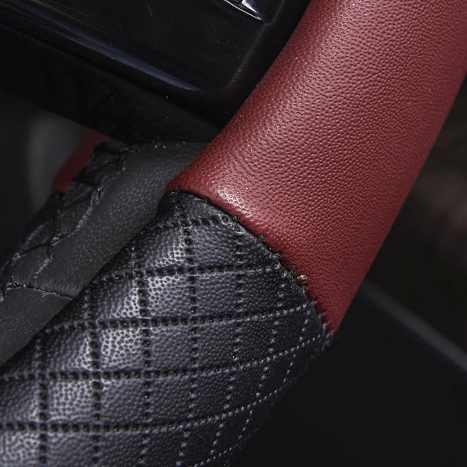 Rhombus Leather Universal Steering Wheel Cover, Fit for Suvs,Trucks,Cars,Sedans,Vans (Black&Burgundy)