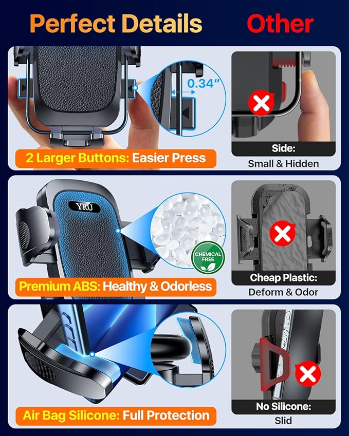 [True Upgrade for Safety] YRU Car Phone Holder Mount [Patent & Military-Grade] Dashboard Cell Phone Holder for Car Vent Windshield Phone Stand for iPhone17 16 15 14 13Pro Max Truck Samsung, Dark Black