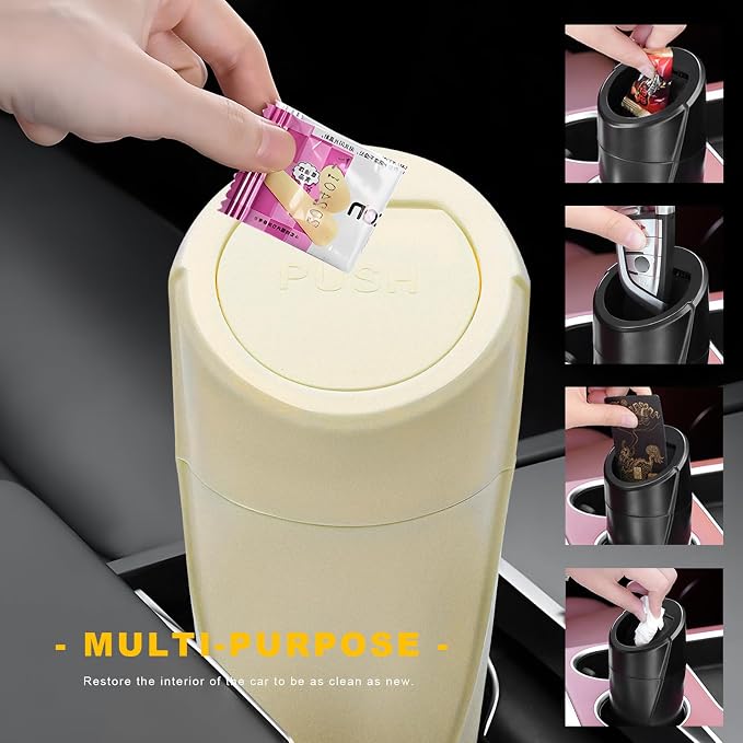 Car Trash Can Bin with Lid, Leakproof Portable Garbage Trash Bin Mini Cup Holder Organizer, Automotive Interior Dustbin Multipurpose Storage Container for Car Home Office (Beige)