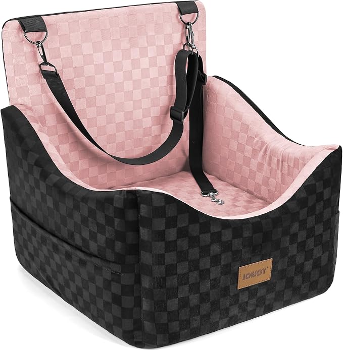 Elevated Dog Car Seat for Small/Medium Dogs up to 35 lbs, Memory Foam Booster Seat with Detachable Washable Cover, Travel-Safe Car Bed with Safety Belts & Storage Pockets, Pink
