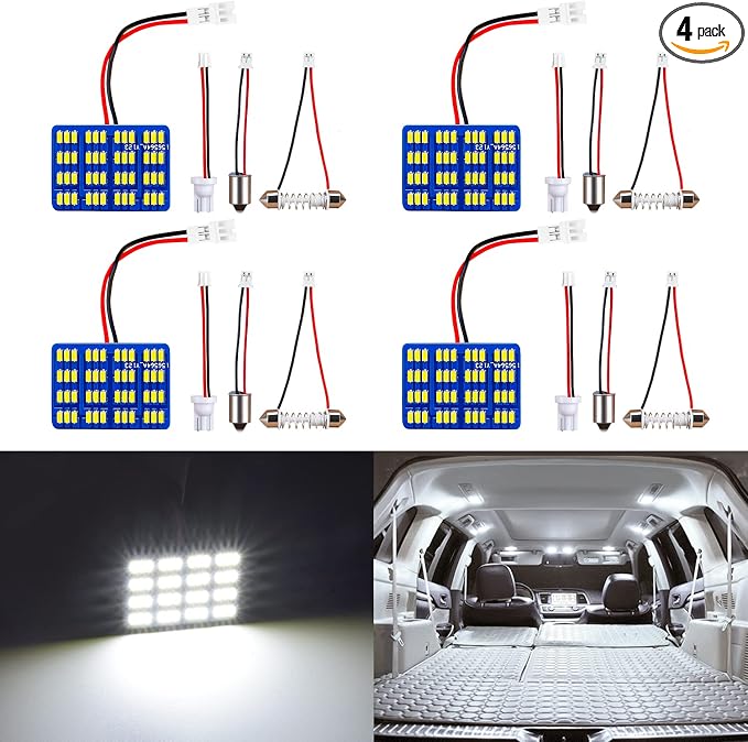 Car Interior LED Lights Accessories with 194 168 T10 / BA9S / DE3175 6418 211-2 578 Festoon Adapters, 48-SMD Panel Lamps for Dome Map Door Trunk Courtesy License Plate Lights (6000K White)