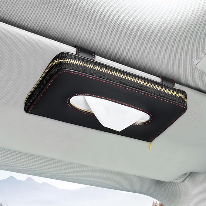 Car Tissue Box, Leather Auto Sun Visor Napkin Case Tissue Case Holder with Zipper, Sunvisor Paper Towel Storage Box Napkin Organizer for Most Vehicles, Car Accessories (Black)