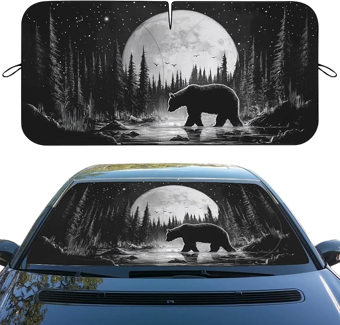Moonlit Bear Car Windshield Sunshades Forest Night Wildlife Wilderness Front Window Sun Shade Block UV Rays Sun Shade Visor Protector for Car Sedan Truck SUV Accessories 59" L x 31.5" W