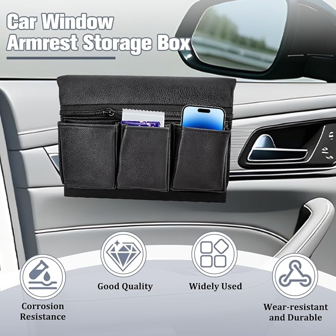 Car Window Side Storage Box, Multifunctional Leather Vehicle Side Door Armrest Pad Organizer with Pockets, Auto Window Arm Elbow Rest Storage Bag, Universal for SUV Van Truck (Black)