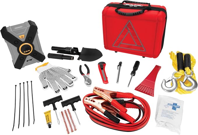 E00014 44 pc. Premium Roadside Assistance Kit, Featuring Vortex 12V Digital Tire Inflator, Booster Cables, Tow Rope, Shovel, First Aid Kit, Safety Triangles, Tool Kit and Case