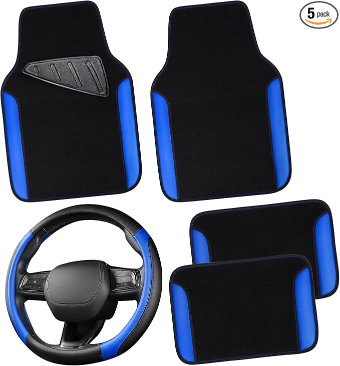 Faux Leather Steering Wheel Cover and Waterproof Car Floor Mats,Universal Car Combo Fit for 95% Sedan,SUV,Cars,14.5-15inch Sporty Anti-Slip Safety Comfortable Design(Black＆Bule)
