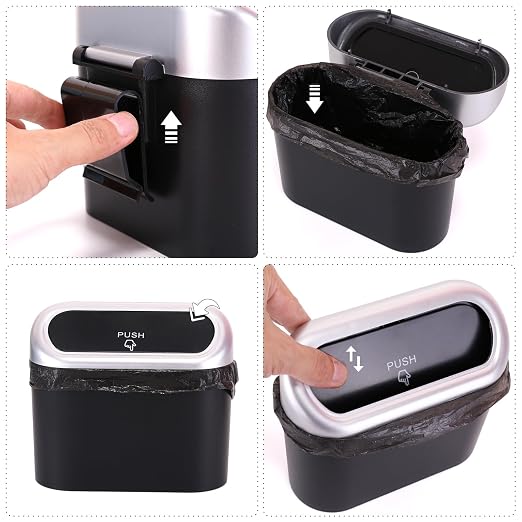 Mini Car Trash Can with Lid, Small Car Garbage Can, Cute Leakproof ABS Car Trash Bin, Car Accessories for Interior, Garbage Bin for Car, Home, Office with 60pcs Trash Bags Black/Silver
