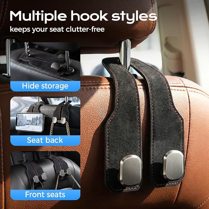 Car Seat Back Double Hook, 2026 New Car Headrest Hook, Multifunctional Headrest Hook for Convenient Storage, Auto Hooks Organizer for Handbag Purse Coat Bags (3, Black+Brown+Gray)