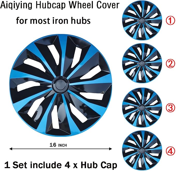 Hubcap Wheel Cover Replacement R16 Hub Caps Universal-Fit Steel Wheel Rim Cover ABS Material Exterior Accessories for Car Truck SUV -Set of 4（16-inch，Blue-Black）