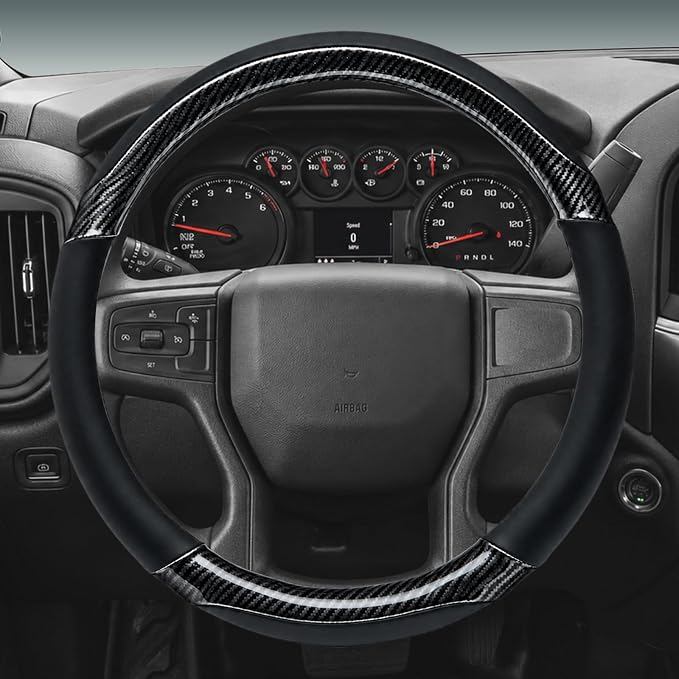 Leather Steering Wheel Cover for Chevy Silverado 1500 2500 3500, 14.5-15 inches Car Steering Wheel Cover with Non-Slip Breathable (Carbon Black)