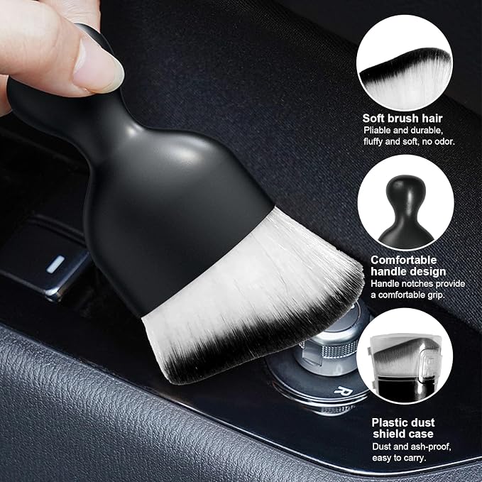 Car Detailing Brush, Curved Soft Bristles Auto Removal Dust Collectors, Universal Vehicle Dashboard, Air Conditioner Vents etc Interior Cleaning Tool Accessories (White/Black)