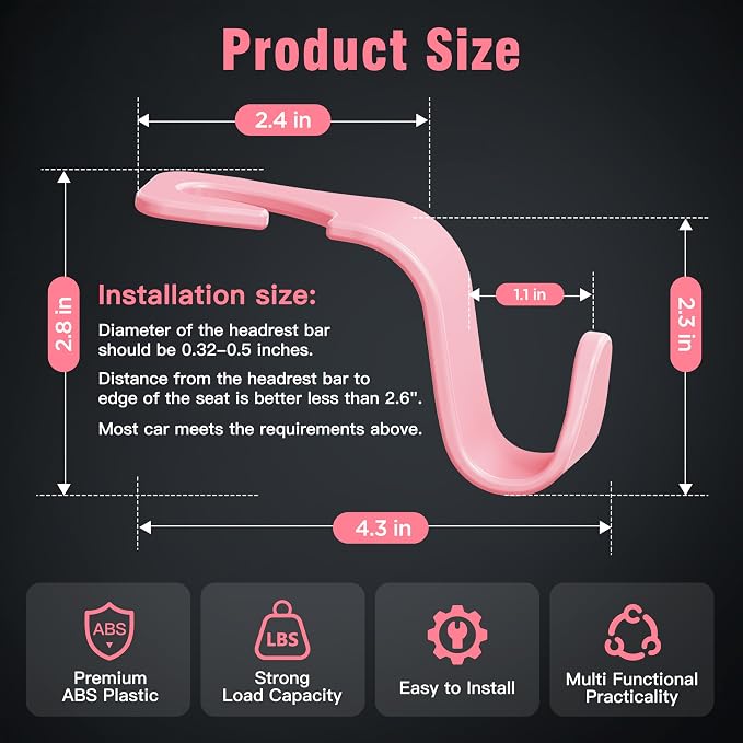 Universal Car Headrest Hooks, Car Organizer Hanger Storage Hooks for Bag Purse Cloth Grocery (Pink Set of 4)