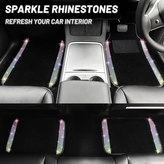 12 Pcs Bling Car Accessories Set for Women Car Floor Mats Full Set Steering Wheel Cover Seat Belt Covers Coasters Universal Fit Car SUV Truck Van Multicolor