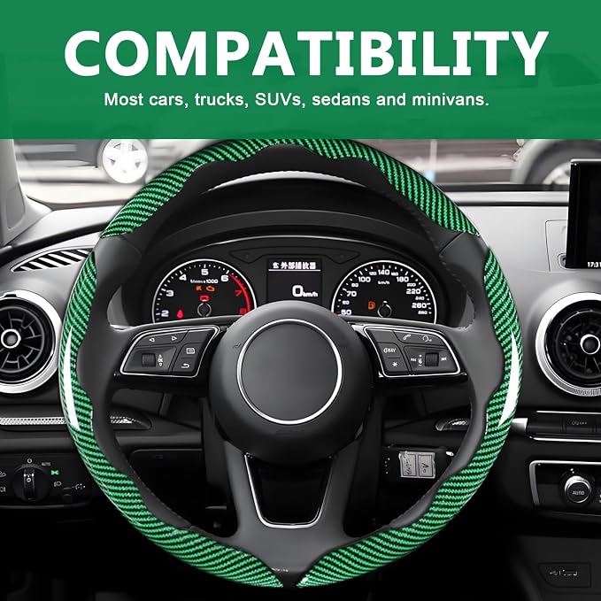 3pcs Universal Carbon Fiber Steering Wheel Cover - Anti-Slip & Segmented Design, Universal 99% Durable Steering Wheel Protector for Men and Women, Car Interior Accessory (Green)