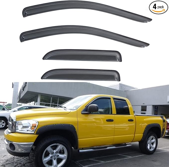 4pcs Front+Rear Smoke Sun/Rain Guard Outside Mount Tape-On Window Visors Compatible with 02-08 Ram 1500 03-09 2500/3500/4500/5500 Quad/Crew Cab