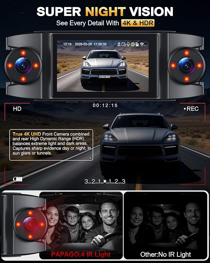 4 Channel 360° Dash Cam Front Rear and Left Right Inside, 4K+3 * 1080P Dash Camera for Cars with Free 128GB SD Card, 5.8GHz WiFi-30MB/s, 24H Parking Mode, G-Sensor, GPS, Night Vision, Voice Control