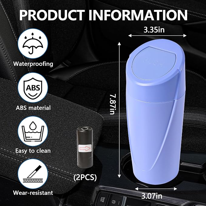 Mini Car Trash Can with Lid, Portable Garbage Can for Car, Leakproof Cup Holder Automotive Garbage Bin with 2 Rolls of Trash Bags, Small Trash Storage Can for Car Home Office(Dark Blue)